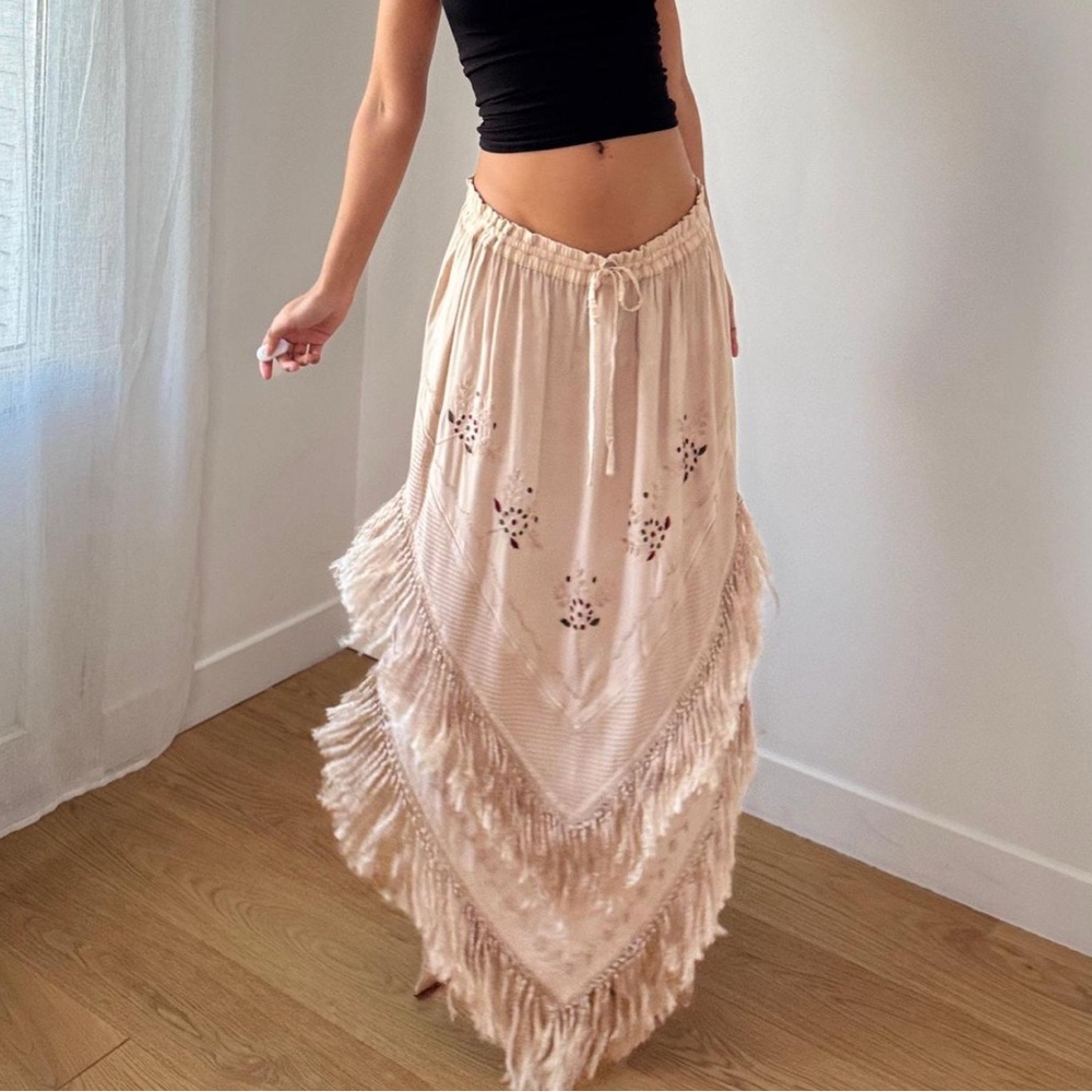 Boho Cream Maxi Skirt with Fringe - Picture 3 of 5